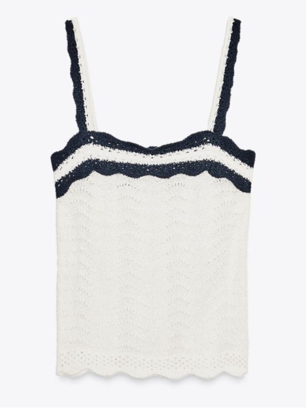 NWT Zara Crochet Open Knit Tank Top in White with Navy Striped Scalloped Trim